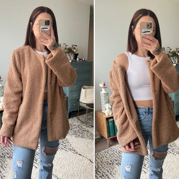 Sanctuary NWT Brown Teddy Fleece Coat Womens L Faux Fur Jacket Snap Front Soft - Picture 5 of 11